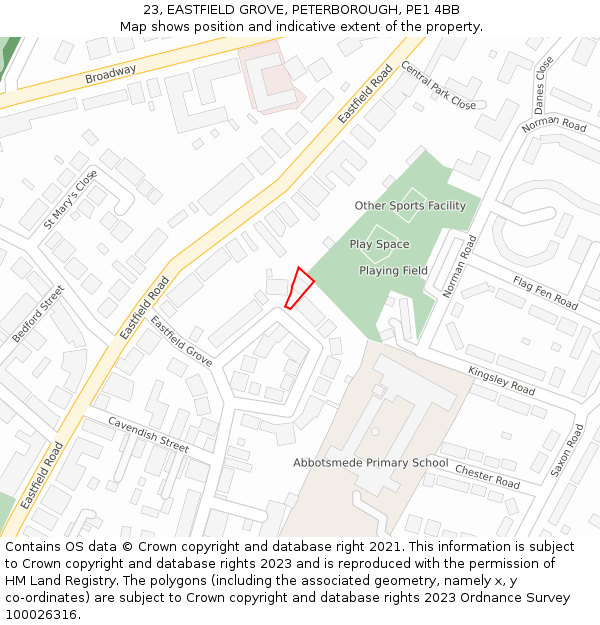 23, EASTFIELD GROVE, PETERBOROUGH, PE1 4BB: Location map and indicative extent of plot