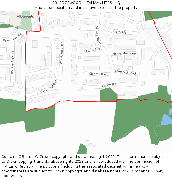 23, EDGEWOOD, HEXHAM, NE46 1LQ: Location map and indicative extent of plot