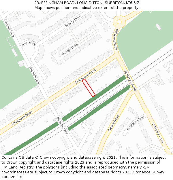 23, EFFINGHAM ROAD, LONG DITTON, SURBITON, KT6 5JZ: Location map and indicative extent of plot