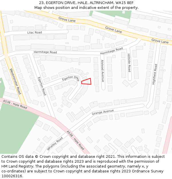 23, EGERTON DRIVE, HALE, ALTRINCHAM, WA15 8EF: Location map and indicative extent of plot