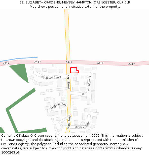 23, ELIZABETH GARDENS, MEYSEY HAMPTON, CIRENCESTER, GL7 5LP: Location map and indicative extent of plot