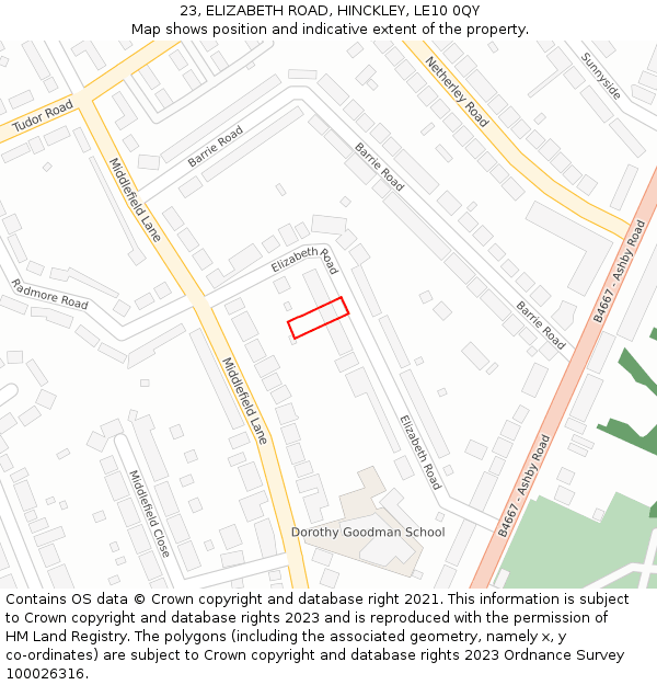 23, ELIZABETH ROAD, HINCKLEY, LE10 0QY: Location map and indicative extent of plot
