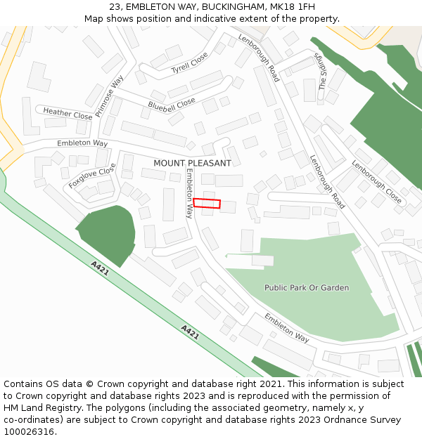 23, EMBLETON WAY, BUCKINGHAM, MK18 1FH: Location map and indicative extent of plot