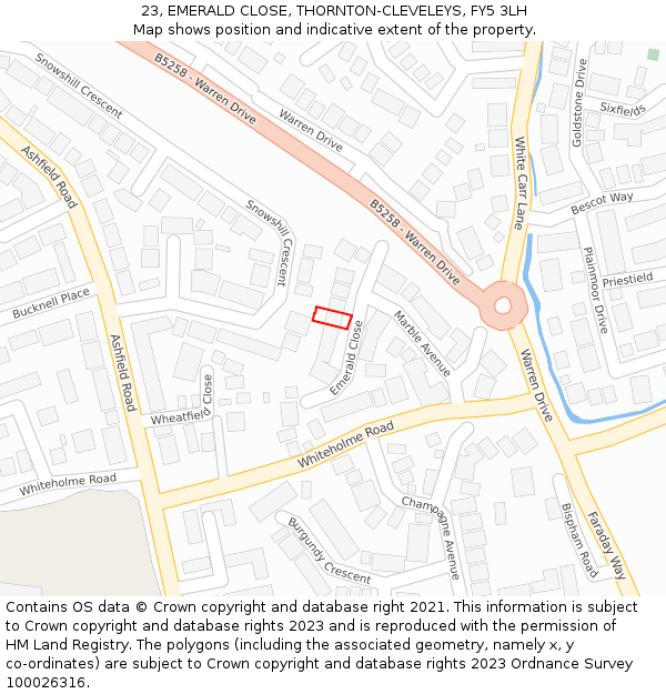 23, EMERALD CLOSE, THORNTON-CLEVELEYS, FY5 3LH: Location map and indicative extent of plot