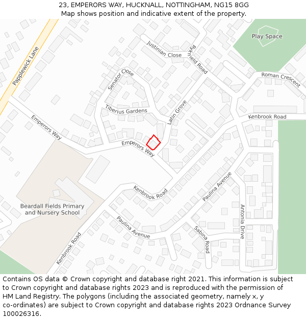 23, EMPERORS WAY, HUCKNALL, NOTTINGHAM, NG15 8GG: Location map and indicative extent of plot