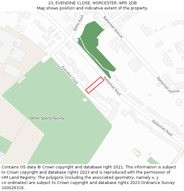 23, EVENDINE CLOSE, WORCESTER, WR5 2DB: Location map and indicative extent of plot