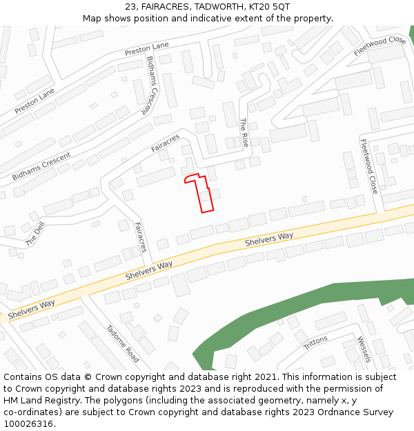 23, FAIRACRES, TADWORTH, KT20 5QT: Location map and indicative extent of plot