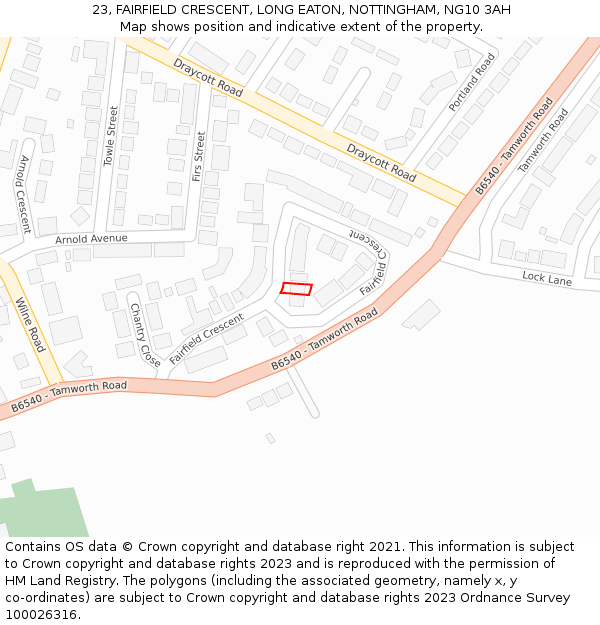 23, FAIRFIELD CRESCENT, LONG EATON, NOTTINGHAM, NG10 3AH: Location map and indicative extent of plot