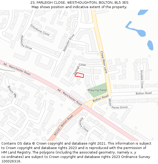 23, FARLEIGH CLOSE, WESTHOUGHTON, BOLTON, BL5 3ES: Location map and indicative extent of plot