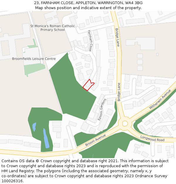 23, FARNHAM CLOSE, APPLETON, WARRINGTON, WA4 3BG: Location map and indicative extent of plot
