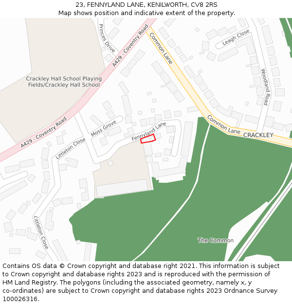 23, FENNYLAND LANE, KENILWORTH, CV8 2RS: Location map and indicative extent of plot