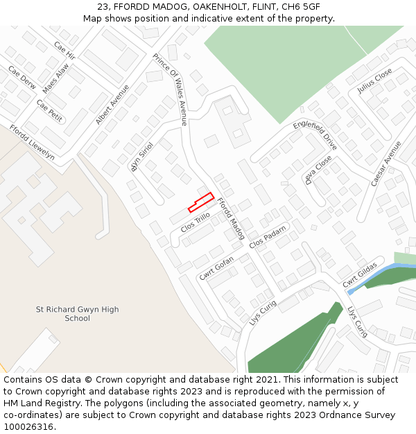 23, FFORDD MADOG, OAKENHOLT, FLINT, CH6 5GF: Location map and indicative extent of plot