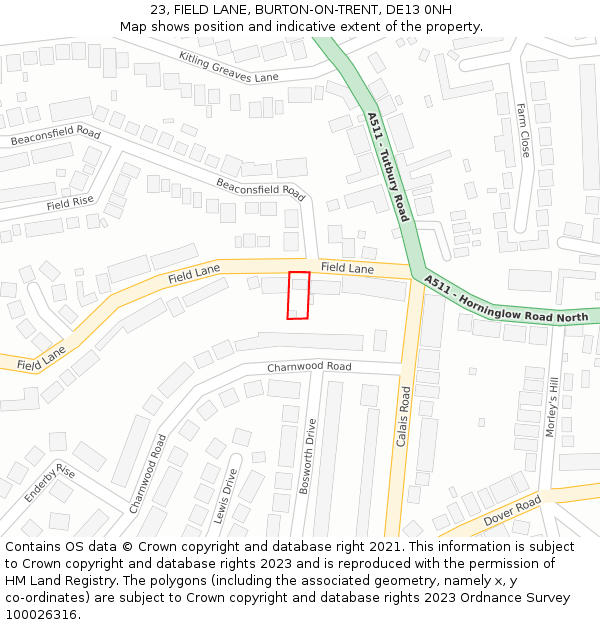 23, FIELD LANE, BURTON-ON-TRENT, DE13 0NH: Location map and indicative extent of plot