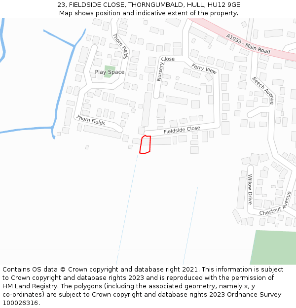 23, FIELDSIDE CLOSE, THORNGUMBALD, HULL, HU12 9GE: Location map and indicative extent of plot