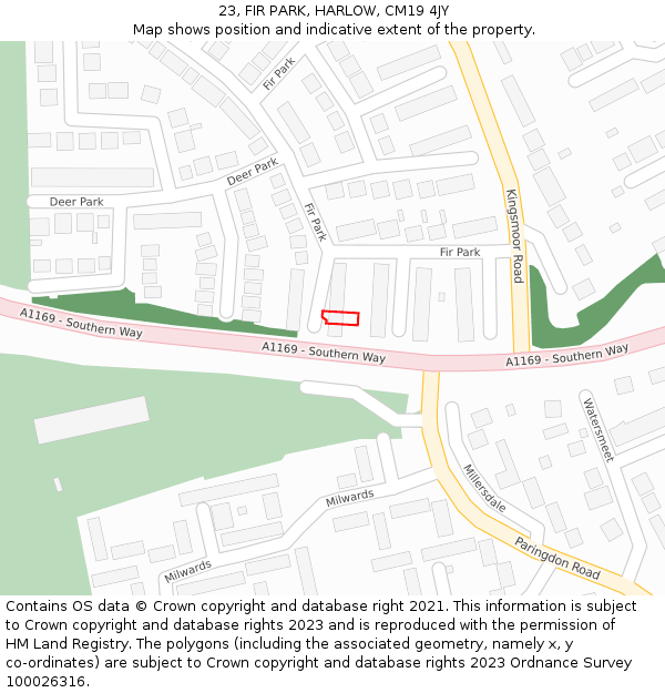 23, FIR PARK, HARLOW, CM19 4JY: Location map and indicative extent of plot