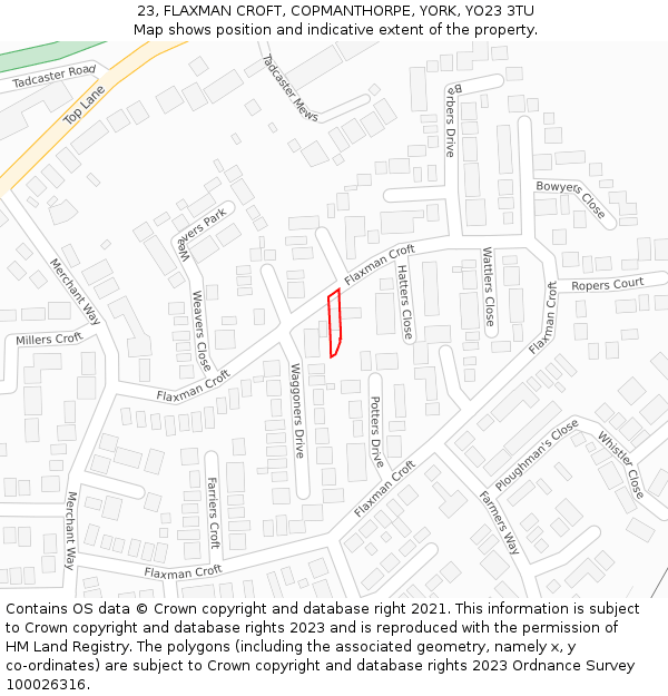 23, FLAXMAN CROFT, COPMANTHORPE, YORK, YO23 3TU: Location map and indicative extent of plot