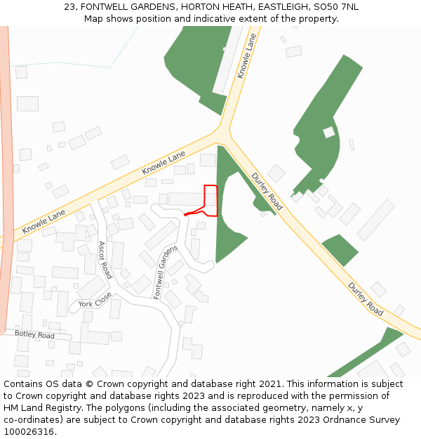 23, FONTWELL GARDENS, HORTON HEATH, EASTLEIGH, SO50 7NL: Location map and indicative extent of plot