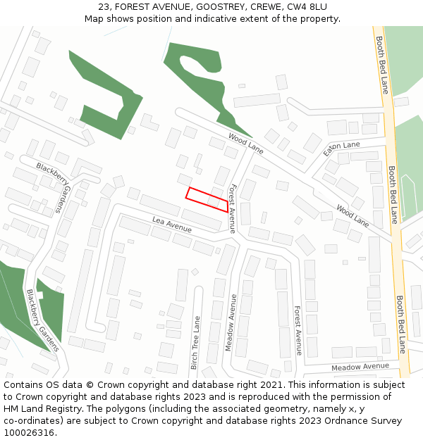 23, FOREST AVENUE, GOOSTREY, CREWE, CW4 8LU: Location map and indicative extent of plot