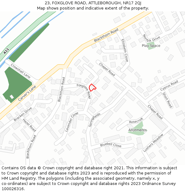 23, FOXGLOVE ROAD, ATTLEBOROUGH, NR17 2QJ: Location map and indicative extent of plot