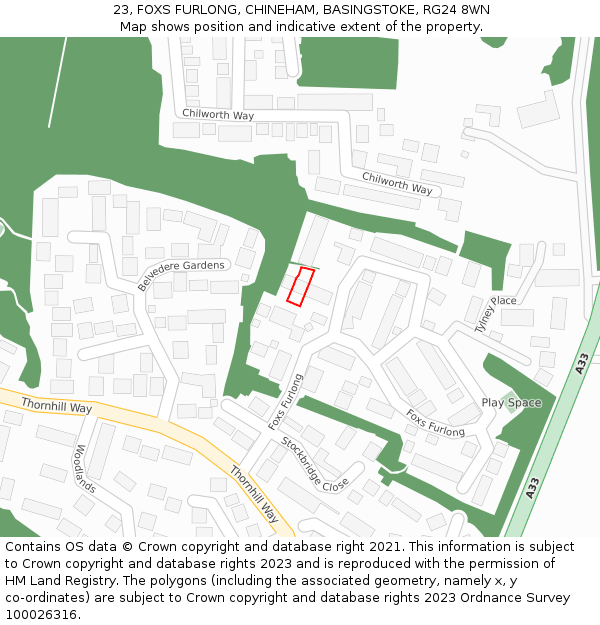 23, FOXS FURLONG, CHINEHAM, BASINGSTOKE, RG24 8WN: Location map and indicative extent of plot