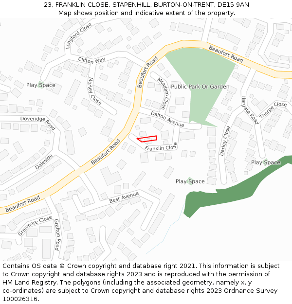 23, FRANKLIN CLOSE, STAPENHILL, BURTON-ON-TRENT, DE15 9AN: Location map and indicative extent of plot