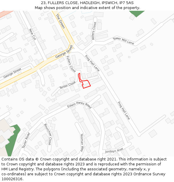 23, FULLERS CLOSE, HADLEIGH, IPSWICH, IP7 5AS: Location map and indicative extent of plot