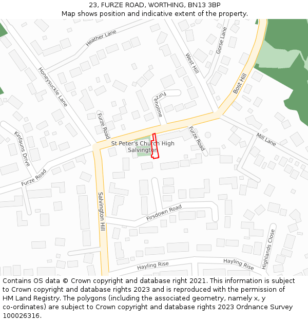 23, FURZE ROAD, WORTHING, BN13 3BP: Location map and indicative extent of plot
