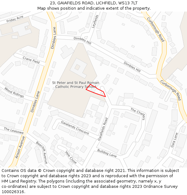 23, GAIAFIELDS ROAD, LICHFIELD, WS13 7LT: Location map and indicative extent of plot