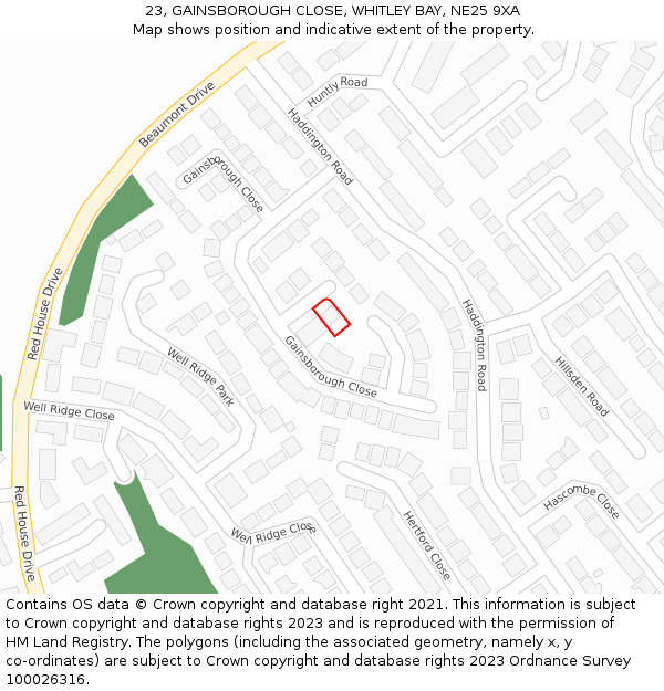 23, GAINSBOROUGH CLOSE, WHITLEY BAY, NE25 9XA: Location map and indicative extent of plot