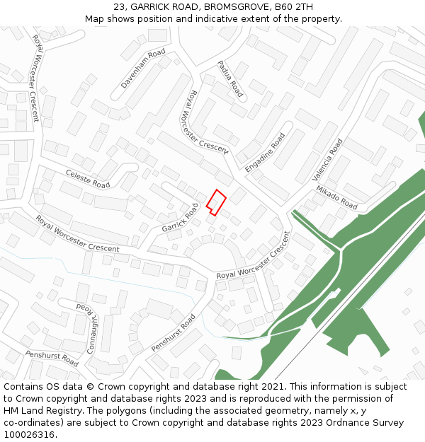 23, GARRICK ROAD, BROMSGROVE, B60 2TH: Location map and indicative extent of plot