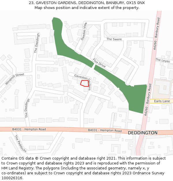 23, GAVESTON GARDENS, DEDDINGTON, BANBURY, OX15 0NX: Location map and indicative extent of plot