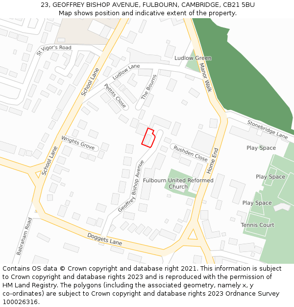 23, GEOFFREY BISHOP AVENUE, FULBOURN, CAMBRIDGE, CB21 5BU: Location map and indicative extent of plot