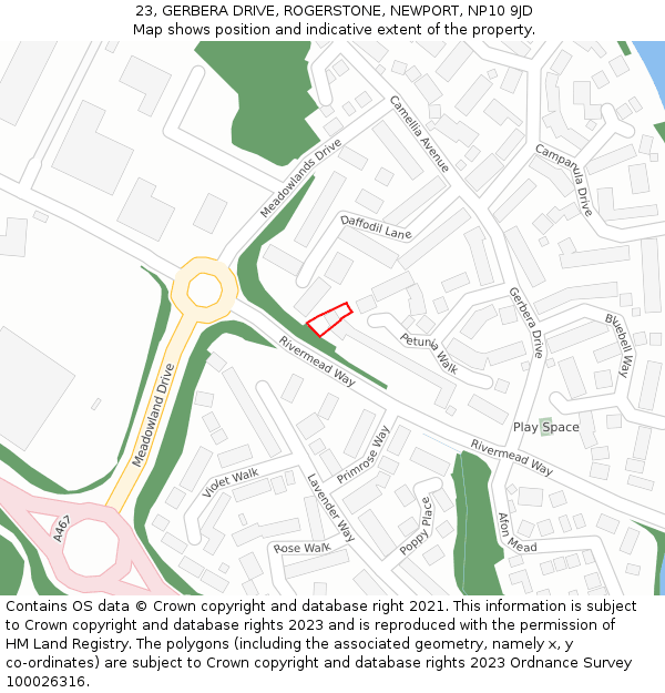 23, GERBERA DRIVE, ROGERSTONE, NEWPORT, NP10 9JD: Location map and indicative extent of plot