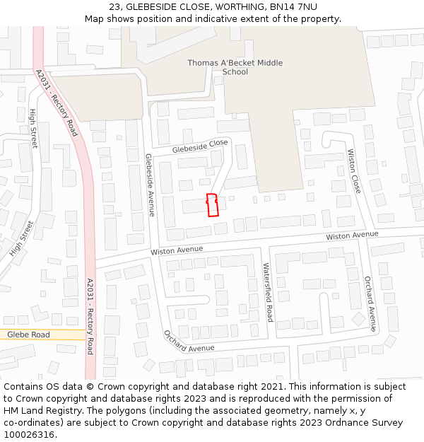 23, GLEBESIDE CLOSE, WORTHING, BN14 7NU: Location map and indicative extent of plot