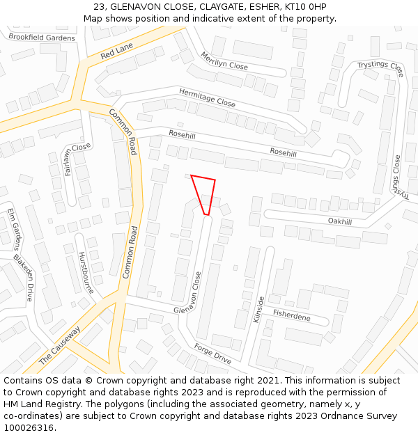 23, GLENAVON CLOSE, CLAYGATE, ESHER, KT10 0HP: Location map and indicative extent of plot