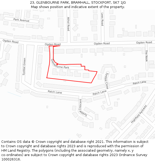 23, GLENBOURNE PARK, BRAMHALL, STOCKPORT, SK7 1JG: Location map and indicative extent of plot