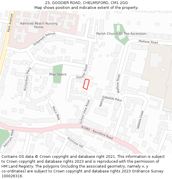 23, GOODIER ROAD, CHELMSFORD, CM1 2GG: Location map and indicative extent of plot