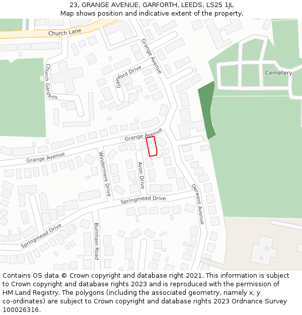 23, GRANGE AVENUE, GARFORTH, LEEDS, LS25 1JL: Location map and indicative extent of plot