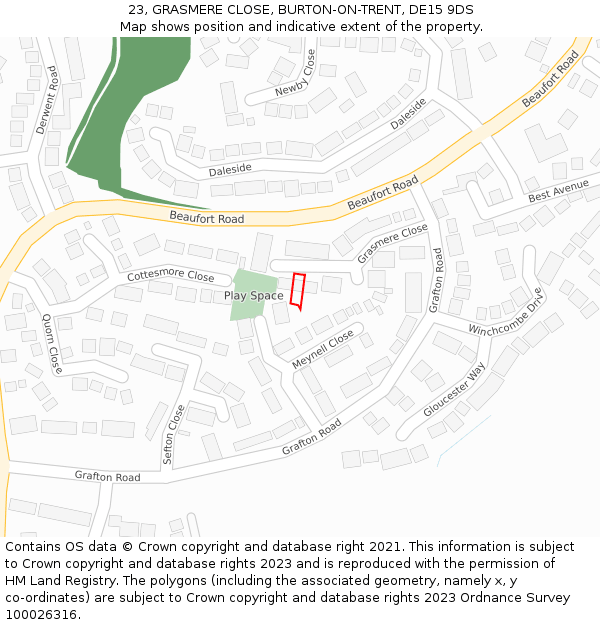23, GRASMERE CLOSE, BURTON-ON-TRENT, DE15 9DS: Location map and indicative extent of plot