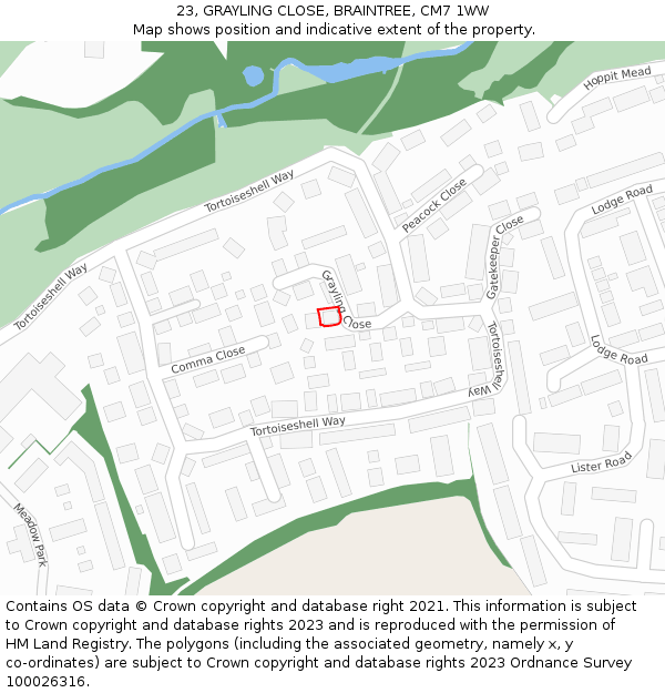 23, GRAYLING CLOSE, BRAINTREE, CM7 1WW: Location map and indicative extent of plot