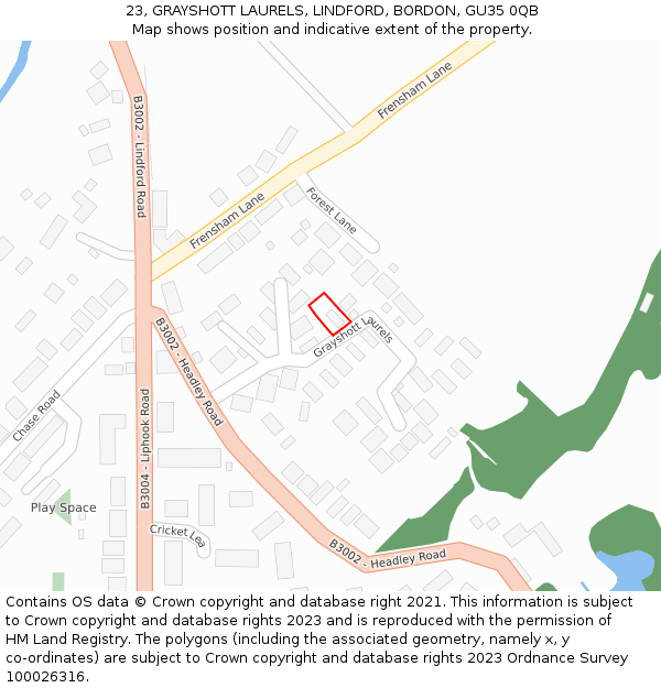 23, GRAYSHOTT LAURELS, LINDFORD, BORDON, GU35 0QB: Location map and indicative extent of plot