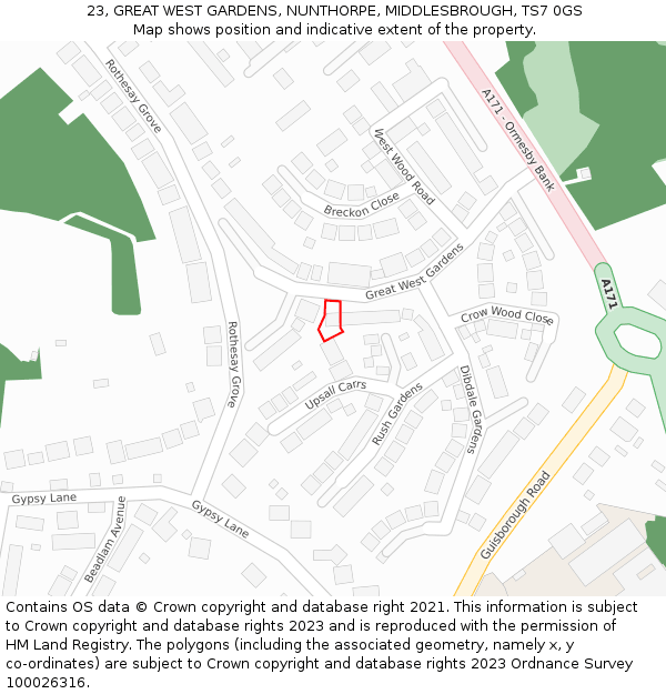 23, GREAT WEST GARDENS, NUNTHORPE, MIDDLESBROUGH, TS7 0GS: Location map and indicative extent of plot