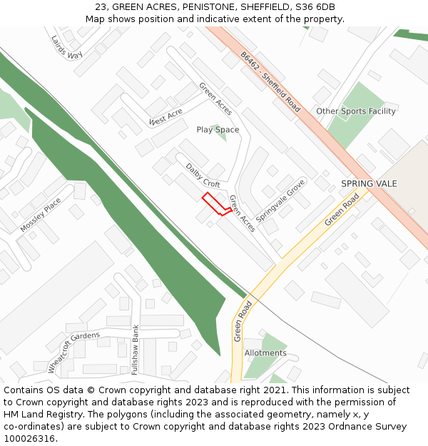 23, GREEN ACRES, PENISTONE, SHEFFIELD, S36 6DB: Location map and indicative extent of plot