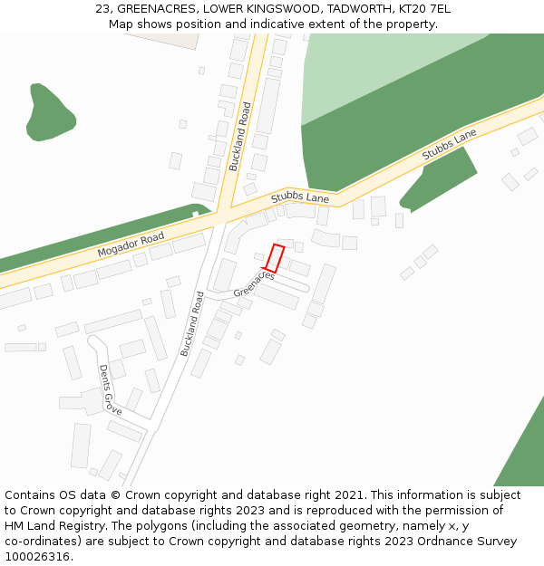 23, GREENACRES, LOWER KINGSWOOD, TADWORTH, KT20 7EL: Location map and indicative extent of plot