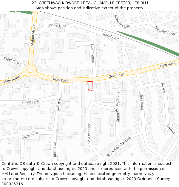23, GREENWAY, KIBWORTH BEAUCHAMP, LEICESTER, LE8 0LU: Location map and indicative extent of plot