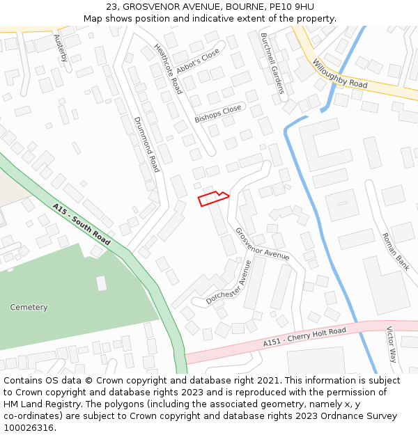 23, GROSVENOR AVENUE, BOURNE, PE10 9HU: Location map and indicative extent of plot