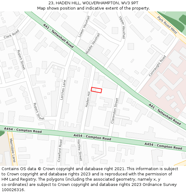 23, HADEN HILL, WOLVERHAMPTON, WV3 9PT: Location map and indicative extent of plot