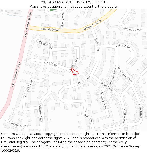 23, HADRIAN CLOSE, HINCKLEY, LE10 0NL: Location map and indicative extent of plot