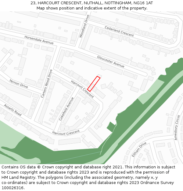 23, HARCOURT CRESCENT, NUTHALL, NOTTINGHAM, NG16 1AT: Location map and indicative extent of plot