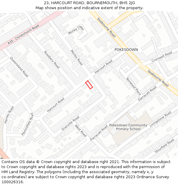23, HARCOURT ROAD, BOURNEMOUTH, BH5 2JG: Location map and indicative extent of plot